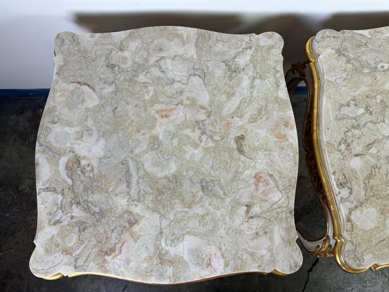 Pair of Giltwood & Painted Marble-Top Side Tables with Drawers
