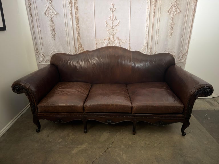 Ralph Lauren Home "Belmont" Hand-Carved Leather Camelback Sofa With Scroll Arms