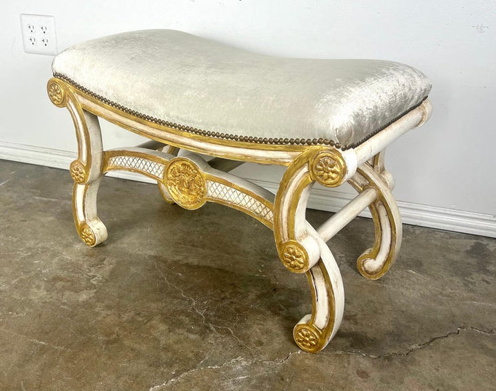 Italian Style Painted & Parcel Gilt Bench w/ Velvet