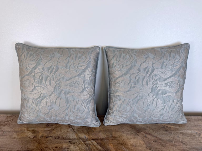 Fortuny Cotton Damask Throw Pillows, Venetian Floral Motif, Aqua & Silver Pair