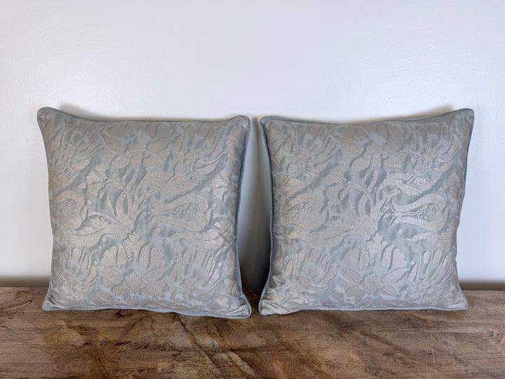 Fortuny Cotton Damask Throw Pillows, Venetian Floral Motif, Aqua & Silver Pair