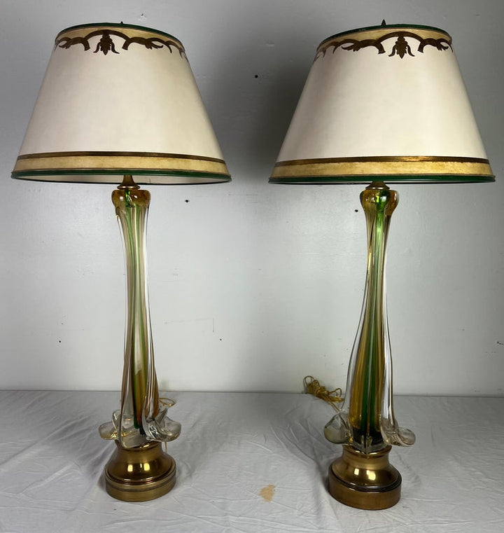 20th Century Italian Art Glass Lamps with Parchment Shades, Pair