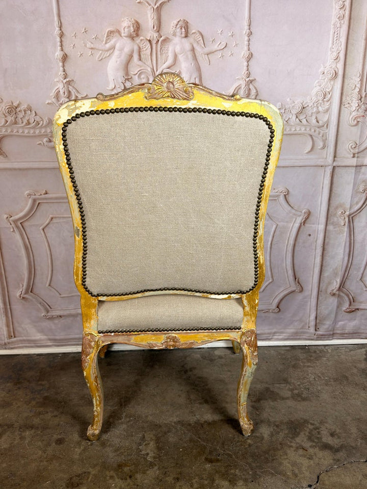 Set of 14 French Louis XV Style Gilt Dining Chairs with Linen Upholstery