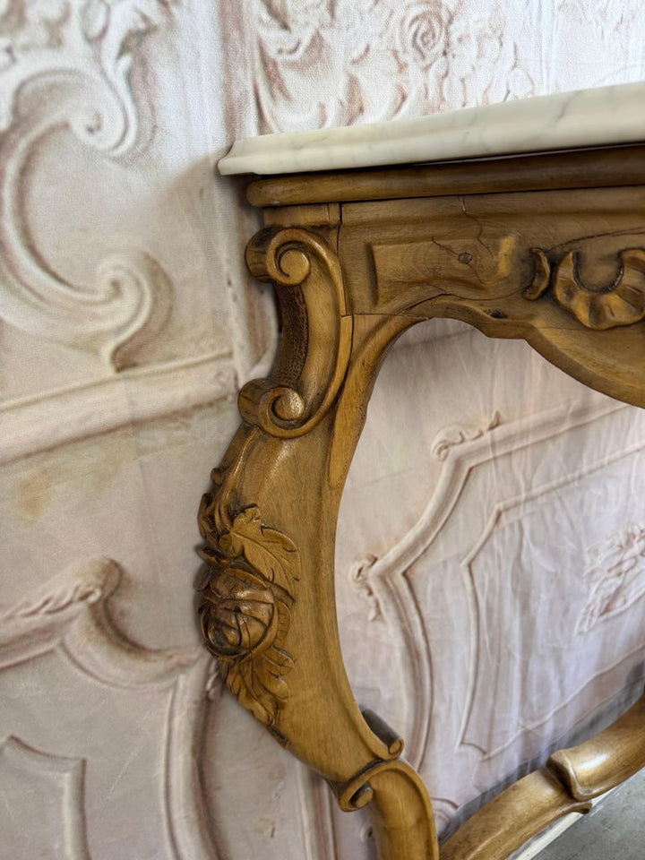 French Louis XV Style Carved Giltwood Console Table with White Marble Top