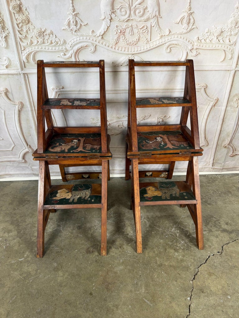 Pair of Hand-Painted Convertible Library Step Ladder Chairs with Dog Motif