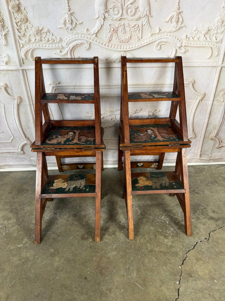 Pair of Hand-Painted Convertible Library Step Ladder Chairs with Dog Motif