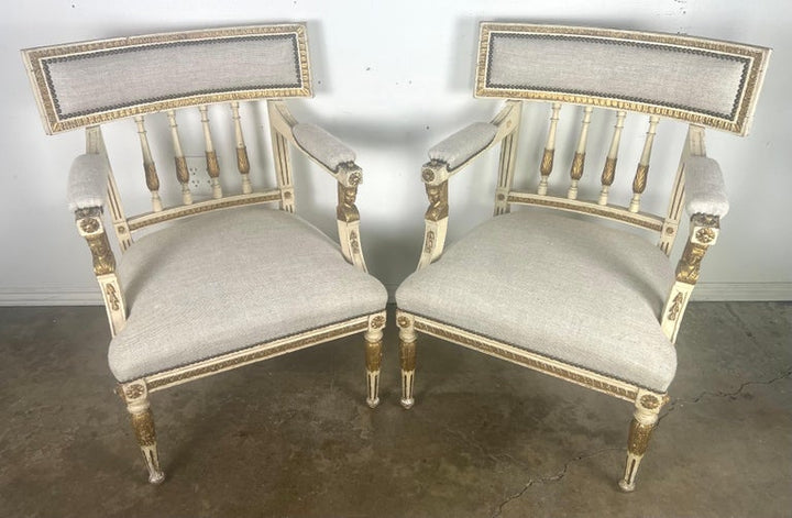 Pair of Italian Neoclassical Style Painted & Parcel Gilt Armchairs C. 1900's