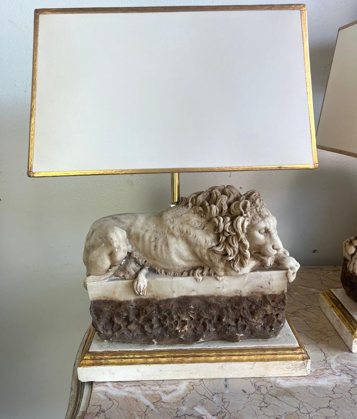 Pair of Italian Carved Stone Lion Lamps with Parchment Shades