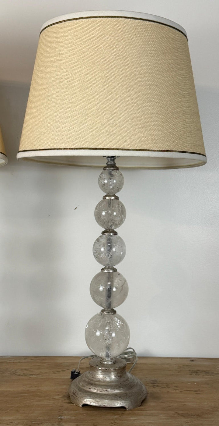 Pair of Hollywood Regency Rock Crystal Stacked Orb Table Lamps - Silver Leaf