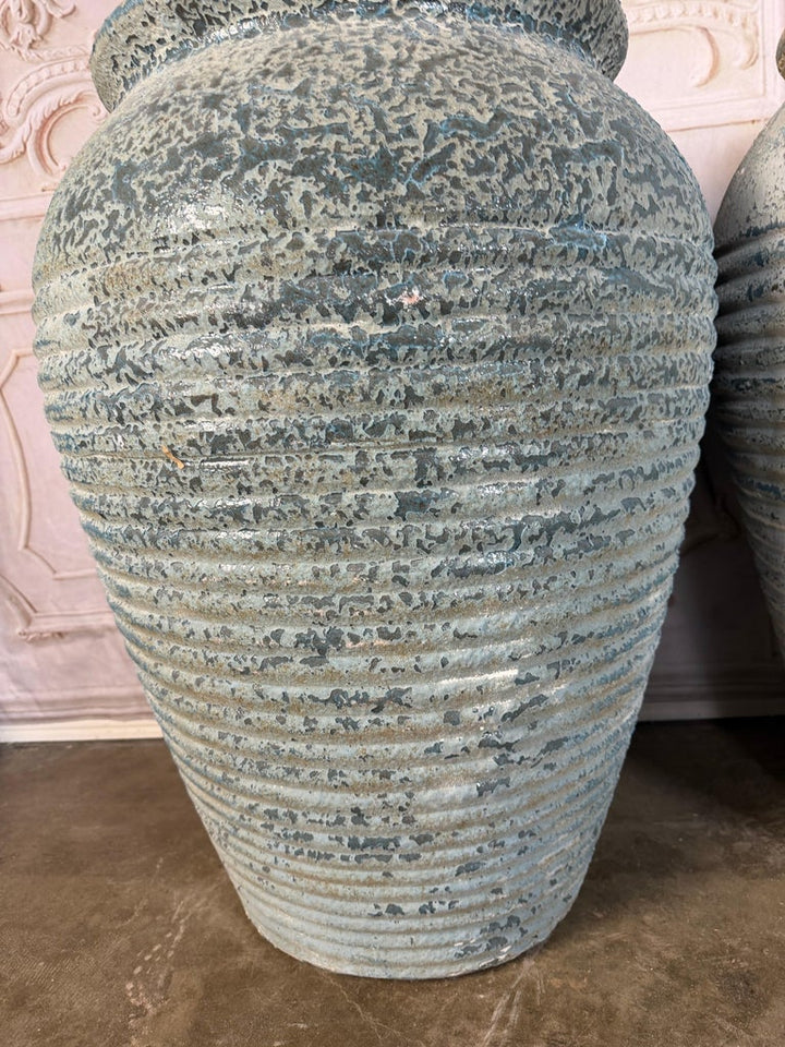 Pair of Antique Weathered Terracotta Garden Urns with Blue Patina