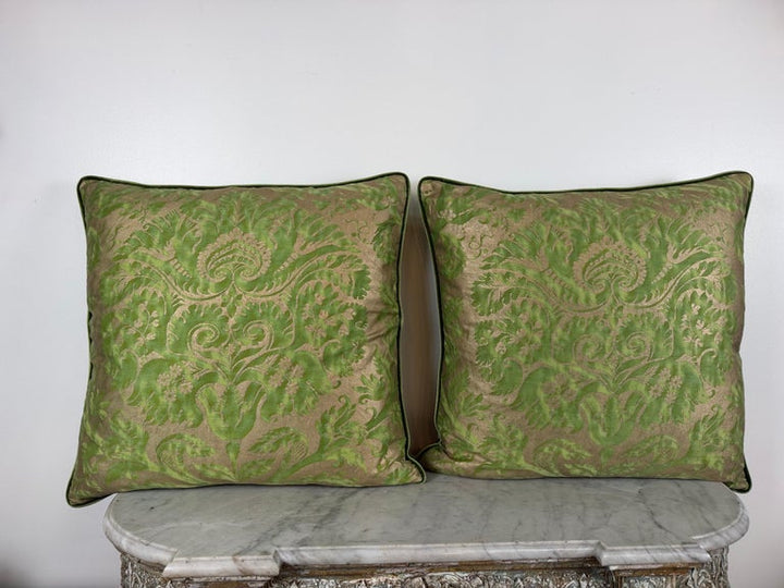 Mariano Fortuny Glicine Patterned Pillows, Moss Green &amp; Gold Damask
