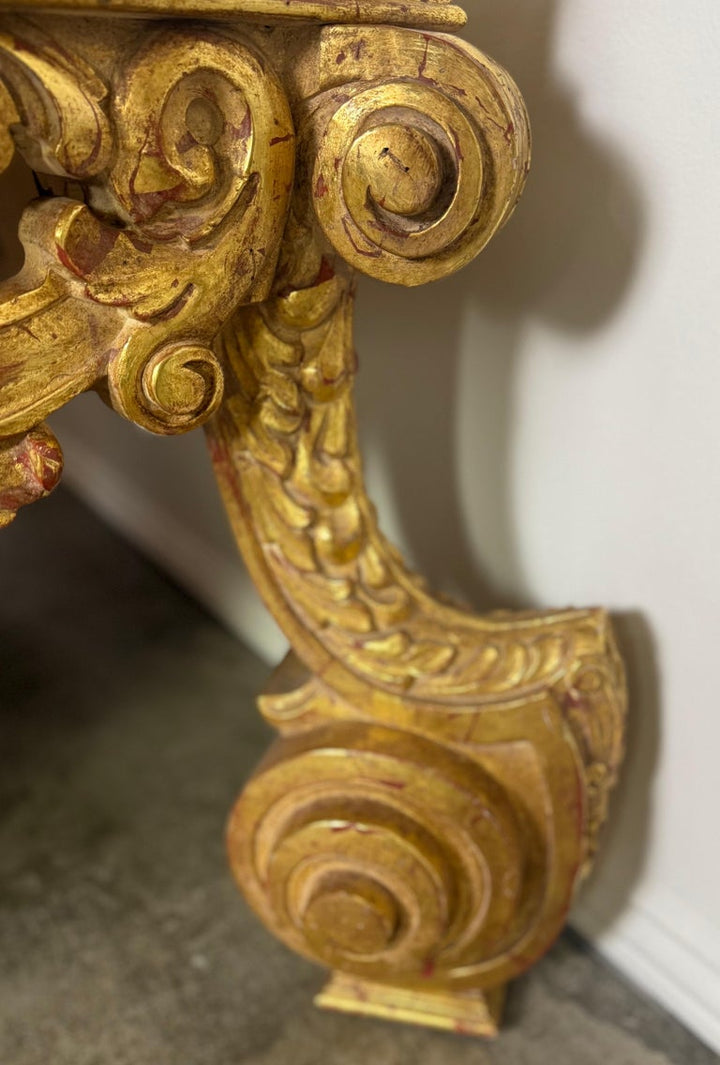 Baroque-Style 22K Gold Leaf Carved Coffee Table with Black Stone Top