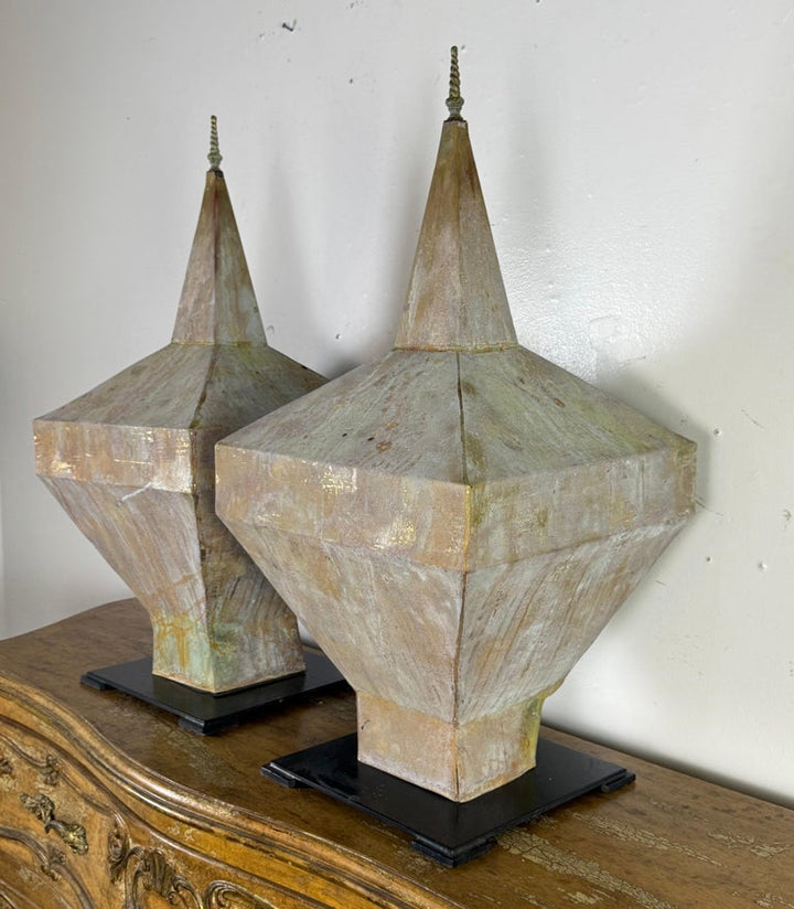 Pair of Large Patinated Zinc Architectural Finials Mounted on Iron Bases