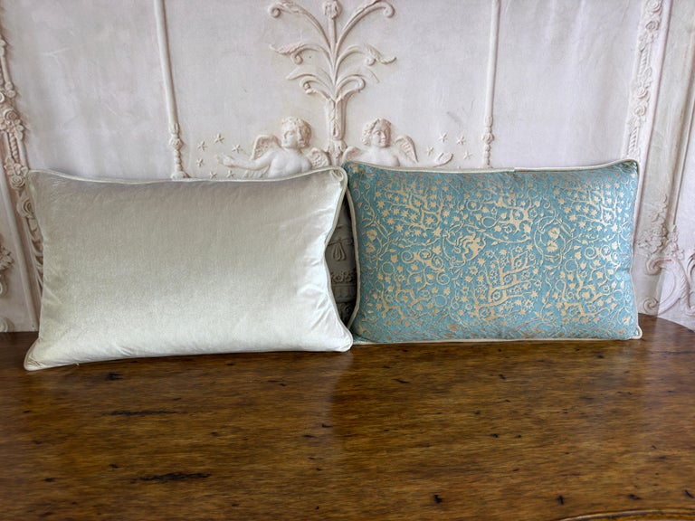 Pair of Venetian Aqua and Gold Fortuny Textile Lumbar Pillows