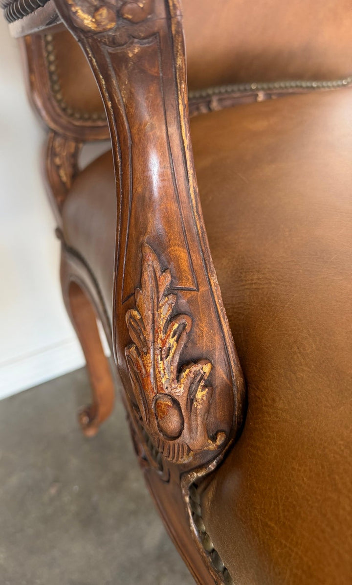 Pair of VIntage French Louis XV Cognac Leather Fauteuils