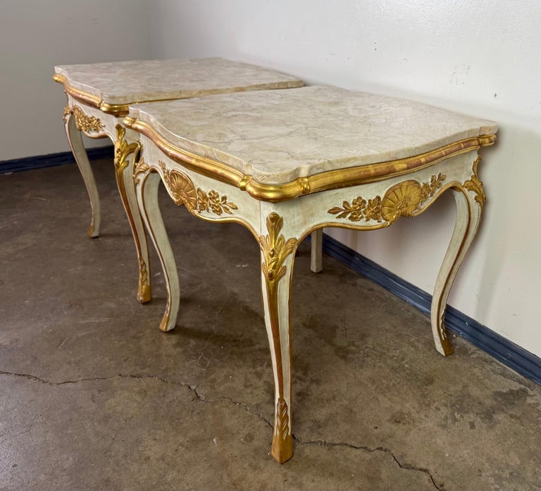 Pair of Giltwood & Painted Marble-Top Side Tables with Drawers