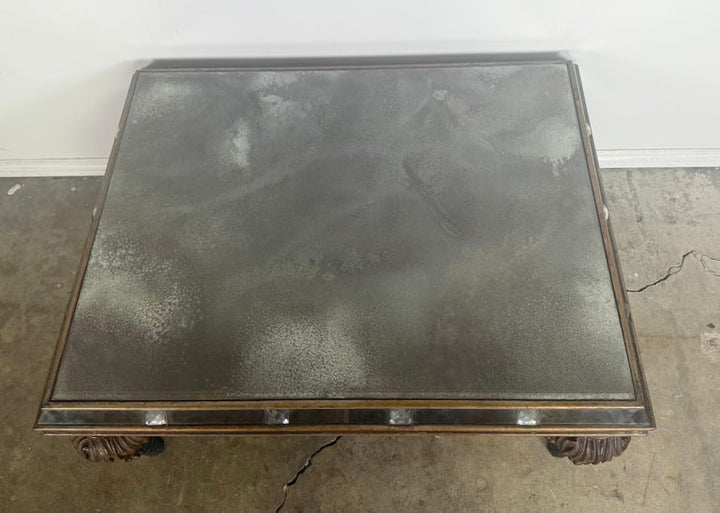 Hollywood Regency Mirrored Coffee Table with Carved Wood and Twisted