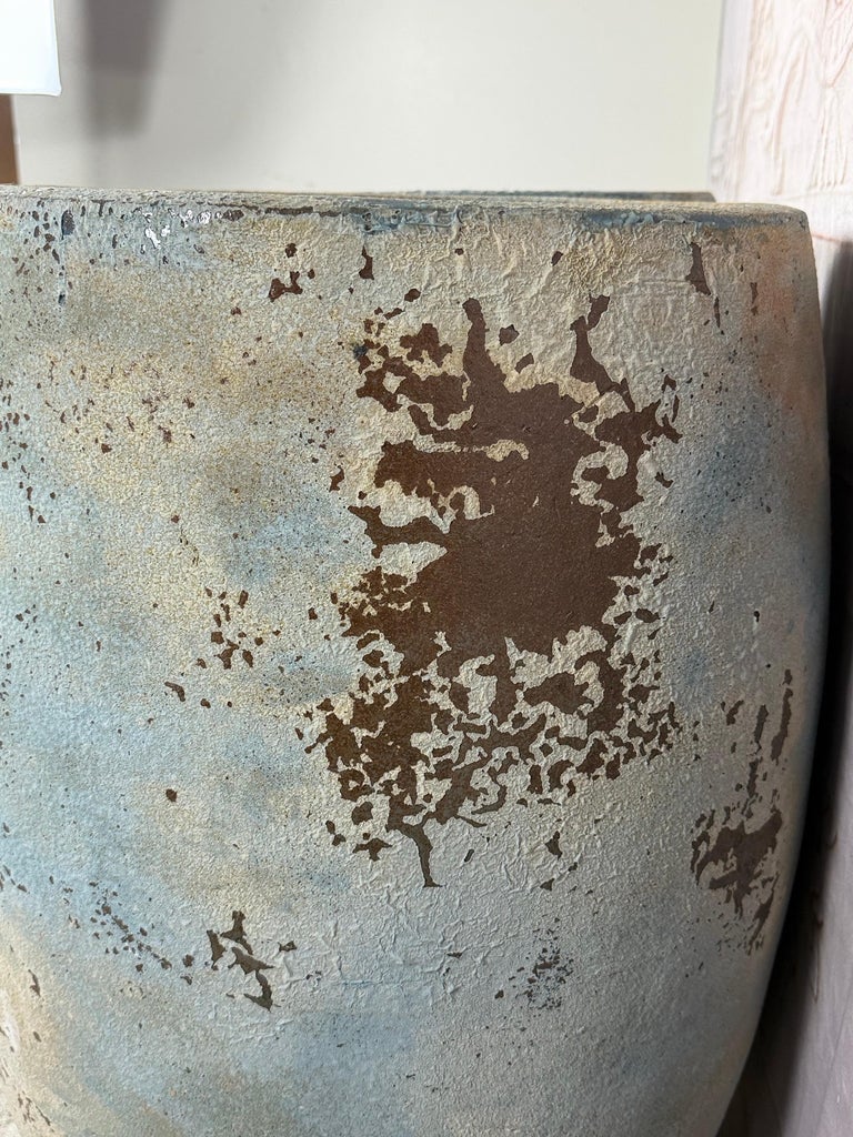Pair of Large Atelier Vierkant Style Planters - Ocean Blue Patina Barrel Pots