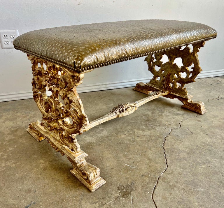 Italian Carved Giltwood Bench W/ Embossed Leather