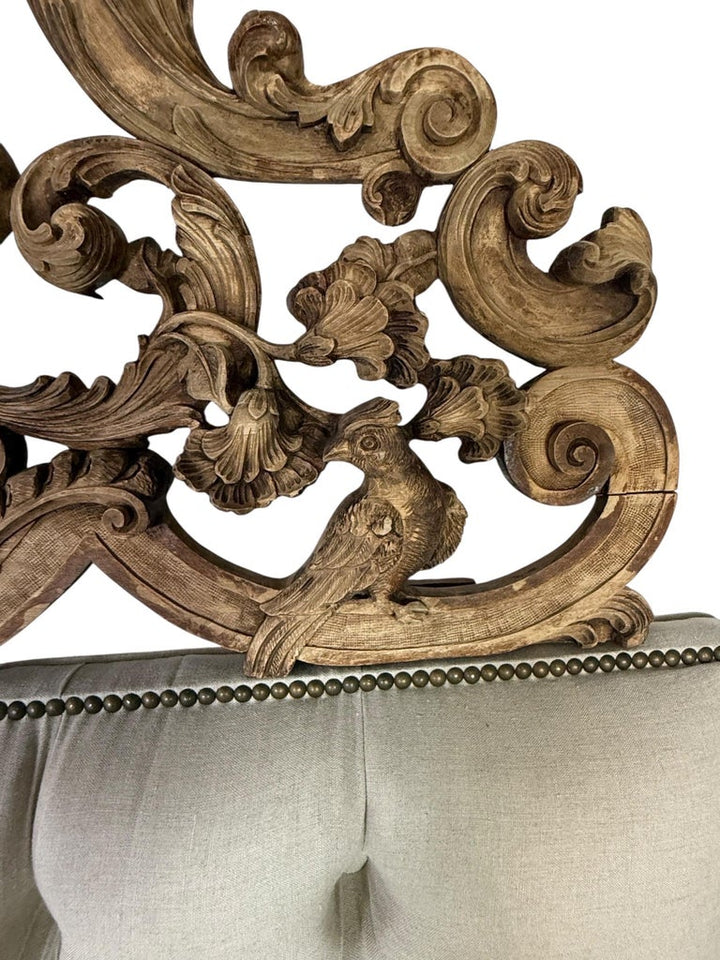 Ornate Carved Wood and Upholstered Headboard
