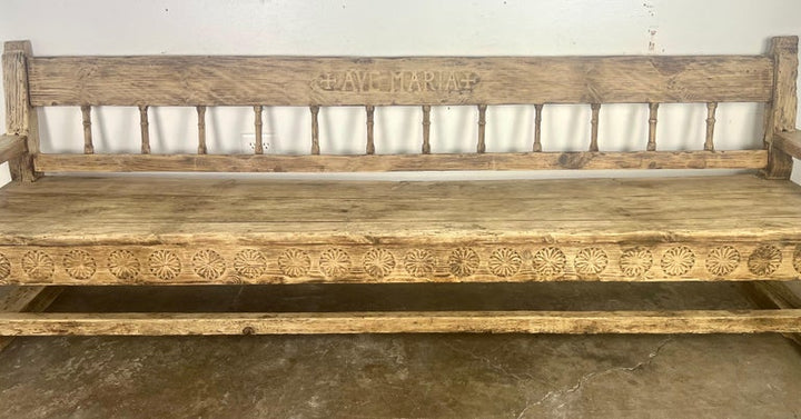 Early 19th C. Italian Carved Rustic Bench "Ave Maria"