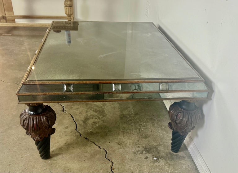 Hollywood Regency Mirrored Coffee Table with Carved Wood and Twisted