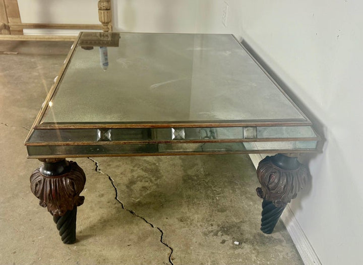 Hollywood Regency Mirrored Coffee Table with Carved Wood and Twisted
