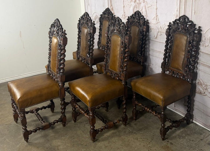 Set of 6 Antique Jacobean Hunt Chairs in Heavily Carved Oak with Cognac Leather