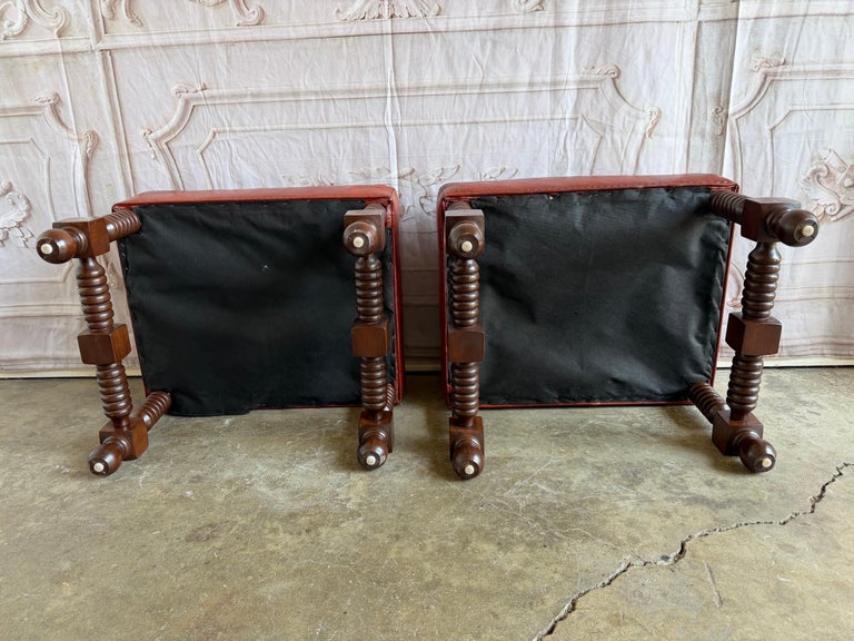 Spanish Colonial Revival Leather Benches with Antique Brass Trim, 1960