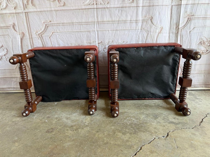 Spanish Colonial Revival Leather Benches with Antique Brass Trim, 1960