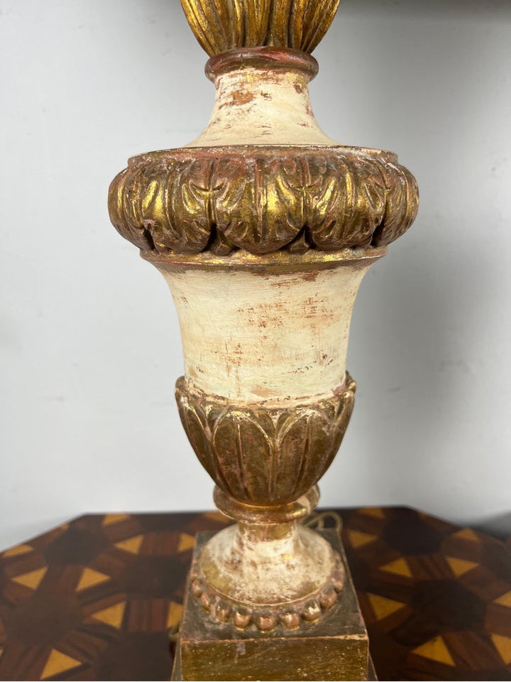 Pair of Painted & Parcel Gilt Carved Flame Lamps w/ Parchment Shades