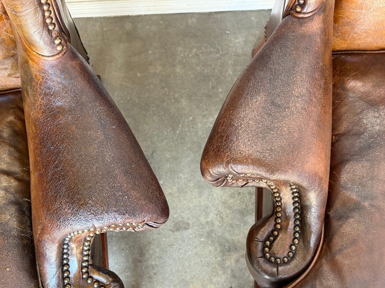 Pair of English Georgian Style Wingback Armchairs - Distressed Brown leather