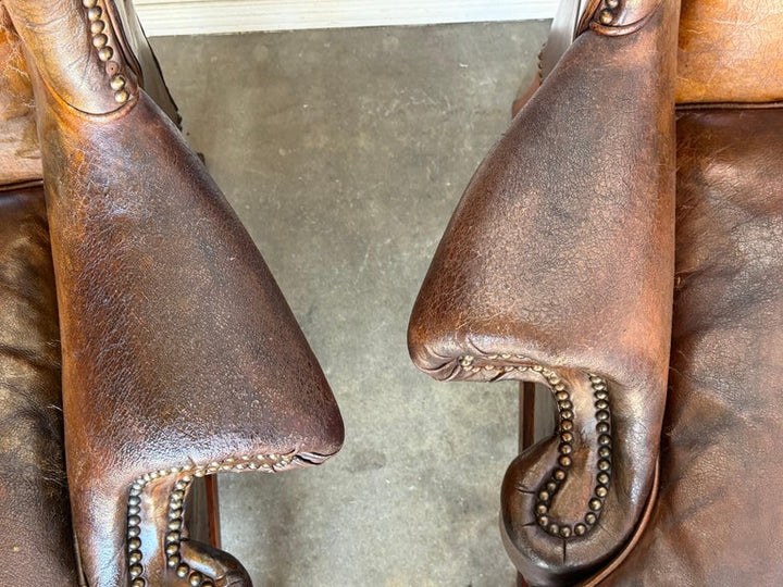 Pair of English Georgian Style Wingback Armchairs - Distressed Brown leather