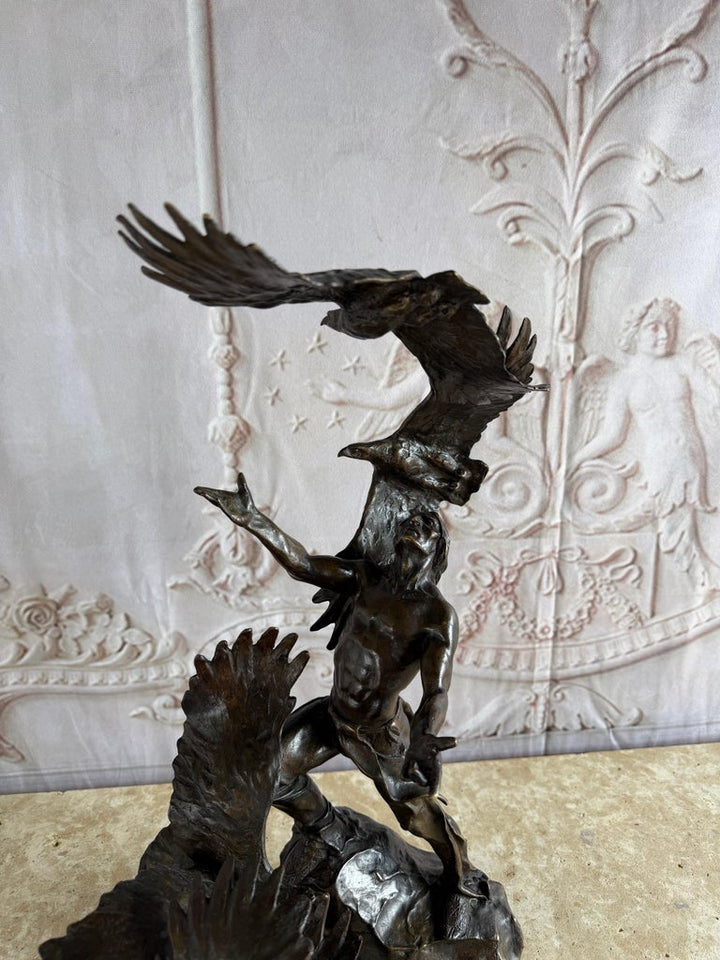 Monumental Bronze Sculpture of Native Warrior and Eagles, Dynamic Art