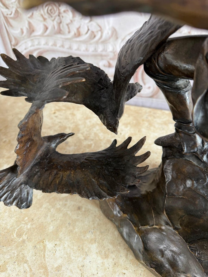 Monumental Bronze Sculpture of Native Warrior and Eagles, Dynamic Art
