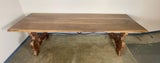 Handcrafted Solid Wood Trestle Dining Table with Wrought Iron Stretcher