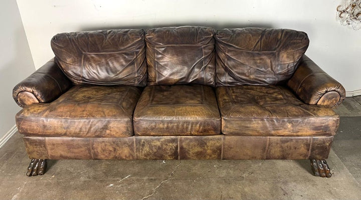 Mid-20th C. Leather Upholstered Sofa w/ Lion Paw Feet