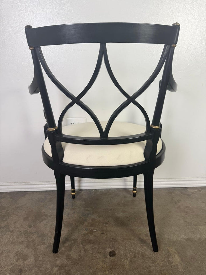 Set of Ten Regency-Style Ebonized Dining Chairs with Linen Seats