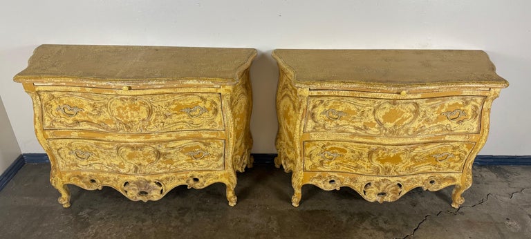 Pair of Louis XV–Style Painted Bombe Commodes with Carved Rococo Ornament