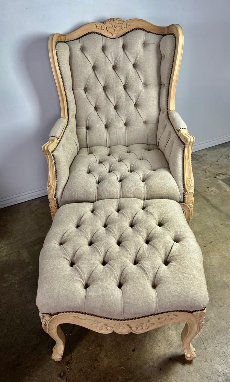 Pair of French Wingback Louis XV Style Armchairs w/ Matching Ottomans