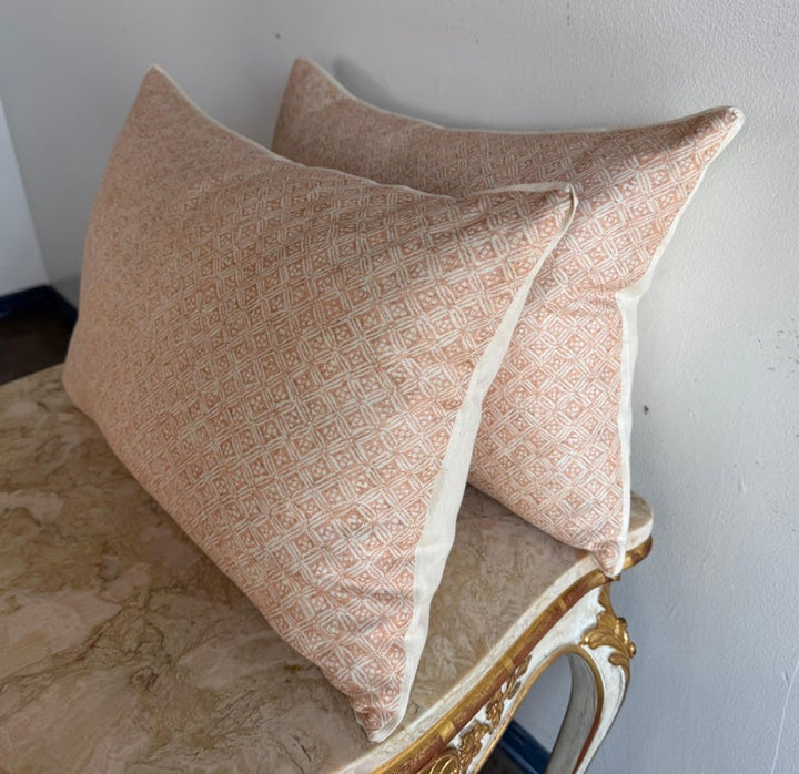 Pair of Custom Printed Linen Pillows in Terracotta and Ivory