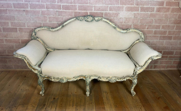 French Louis XV Corbeille Settee with Original Distressed Patina and Shell Crest