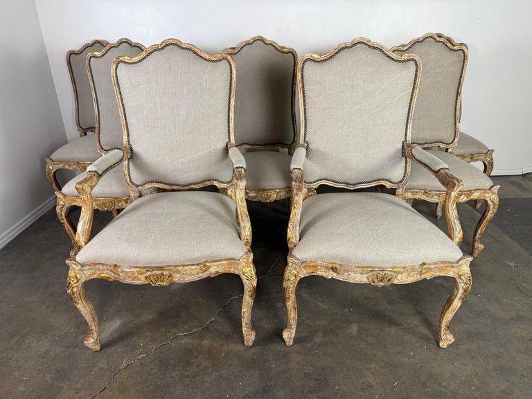 Set of Eight 18th-Century Style French Louis XV Carved & Giltwood Dining Chairs