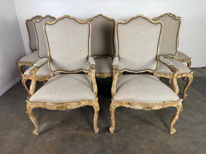 Set of Eight 18th-Century Style French Louis XV Carved & Giltwood Dining Chairs