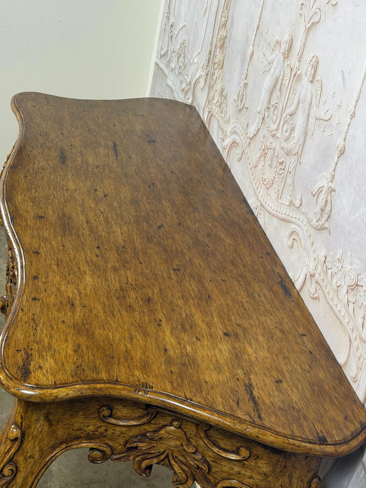 Italian Rococo Style Hand- Carved Walnut Console Table