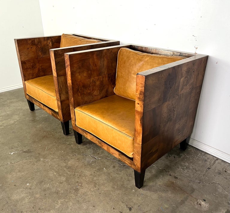 Pair of Modern Burl Walnut Armchairs w/ Leather Cushions