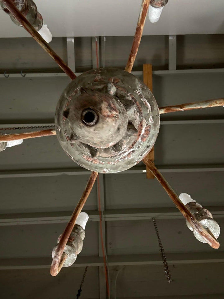 Antique European Painted Wood and Iron Six-Light Chandelier