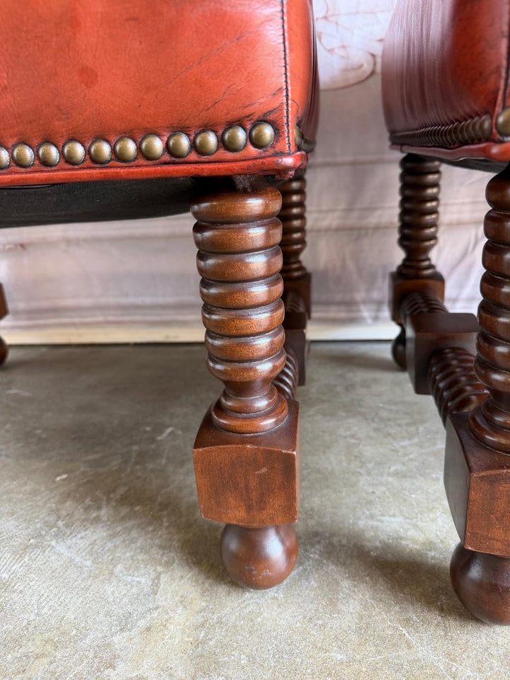 Spanish Colonial Revival Leather Benches with Antique Brass Trim, 1960