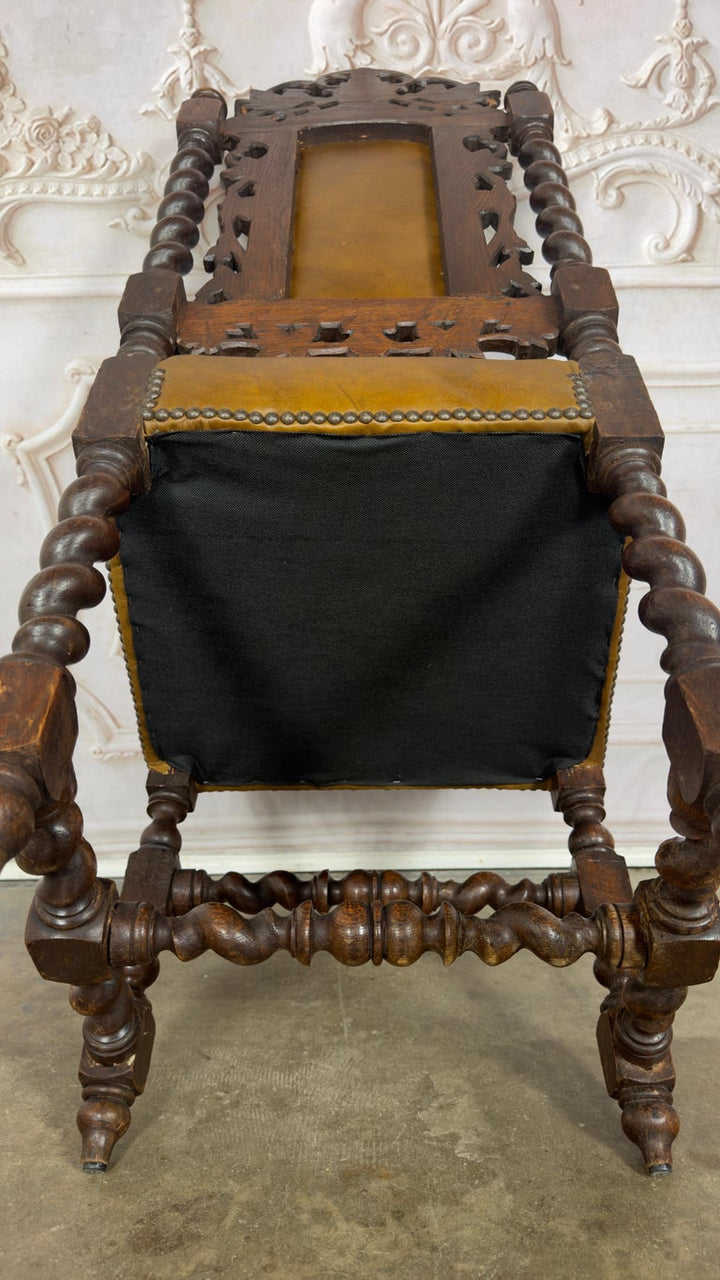 Set of 6 Antique Jacobean Hunt Chairs in Heavily Carved Oak with Cognac Leather