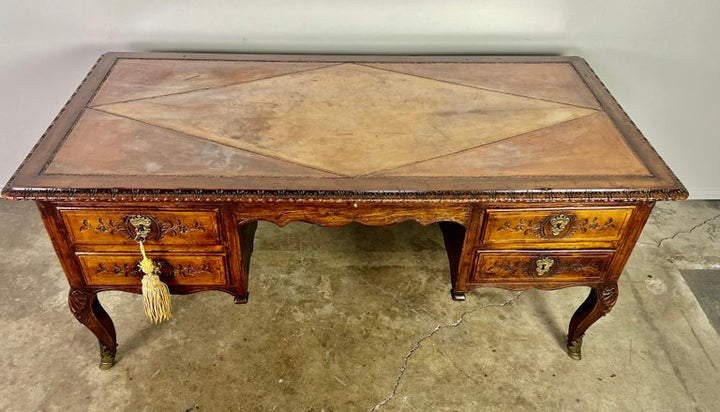 18th Century, French Walnut Leather Top Writing Table W/ Bronze Hardware